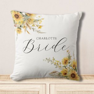 Elegant Rustic Watercolor Sunflower Floral Bride Cushion