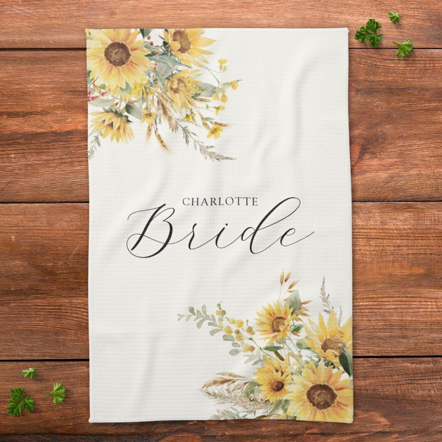 Elegant Rustic Watercolor Sunflower Floral Bride Tea Towel (In situ)