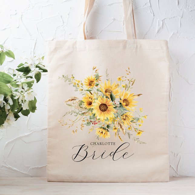 Elegant Rustic Watercolor Sunflower Floral Bride Tote Bag (In situ)
