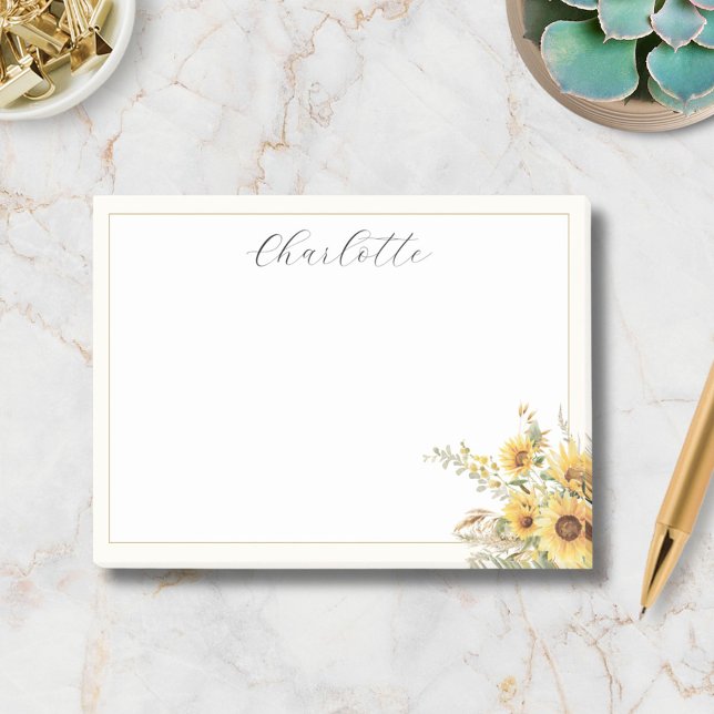 Elegant Rustic Watercolor Sunflower Floral Post-it Notes (In situ)