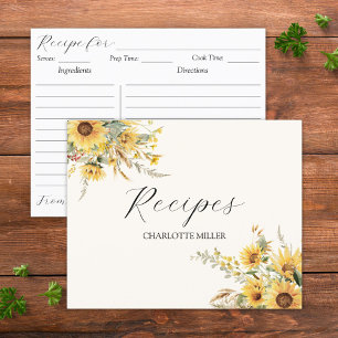 Elegant Rustic Watercolor Sunflower Recipe Card