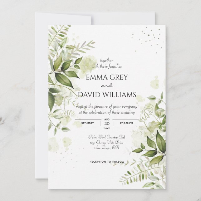 Elegant Rustic Watercolour Leaves Greenery Wedding Invitation (Front)