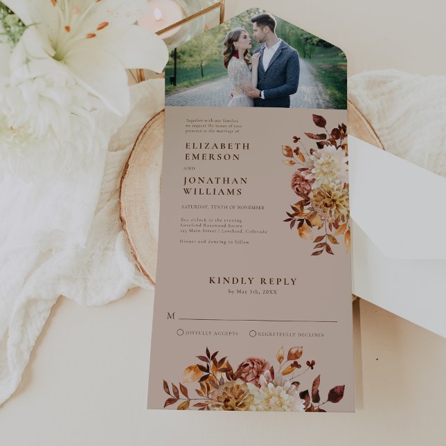 Elegant Rustic Wedding All In One Invitation (Elegant Rustic Fall Floral Photo Wedding All In One Invitation by Painted Paperie
)