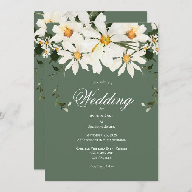 Elegant Rustic White Daisies Modern Green Wedding  Invitation (Front/Back)