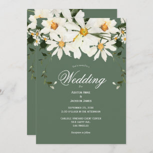Elegant Rustic White Daisies Modern Green Wedding  Invitation