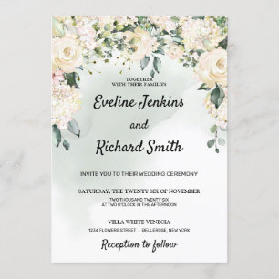 Elegant rustic white roses floral greenery wedding invitation