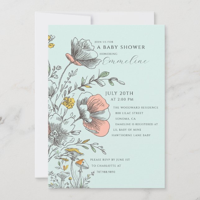 Elegant Rustic Wildflower Mint Green Baby Shower  Invitation (Front)