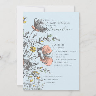 Elegant Rustic Wildflower Pastel Blue Baby Shower  Invitation