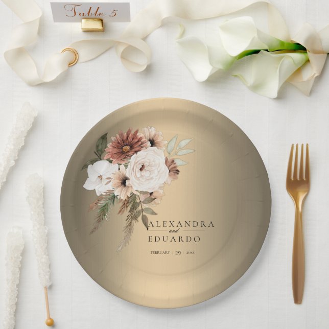 Elegant Rustic Wildflowers Gold Wedding Paper Plate (Wedding)