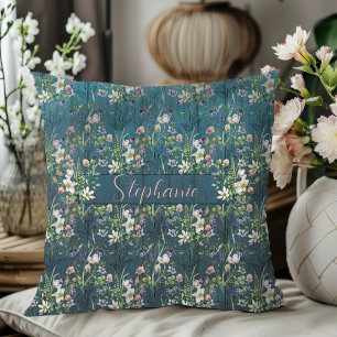 Elegant Rustic Wildflowers On Teal Wood Monogram Cushion