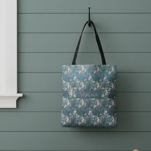 Elegant Rustic Wildflowers On Teal Wood Monogram Tote Bag