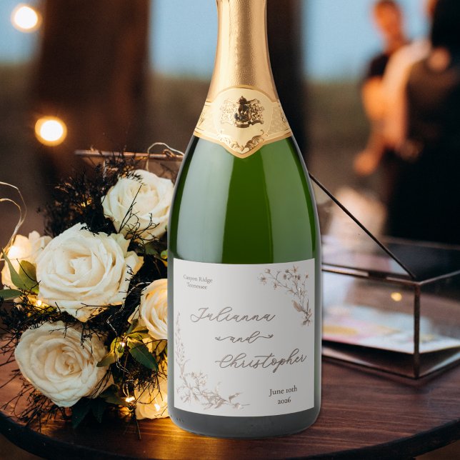 Elegant Rustic Wildflowers Script Silver Sparkling Wine Label (Creator Uploaded)