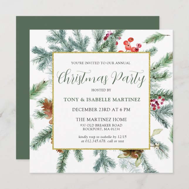 Elegant Rustic Winter Botanical Christmas Party Invitation (Front/Back)