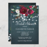 Elegant rustic winter peony roses bridal shower invitation<br><div class="desc">Rustic winter seasonal bridal shower party stylish invitation template on a dark midnight blue chalkboard featuring a beautiful red wine burgundy and white peony roses bouquet with hunter pine green foliage, strings of white twinkle lights, and a chic calligraphy script. Easy to personalise with your details! The invitation is suitable...</div>