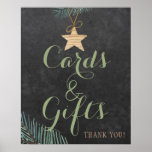 Elegant rustic winter pine cards and wedding sign<br><div class="desc">Cards and gifts wedding sign with natural hunter green trendy editable typography script,  a wooden star with pine tree branches on a dark grey chalkboard background. Perfect for a winter modern elegant rustic country,  evergreen or Christmas wedding.</div>