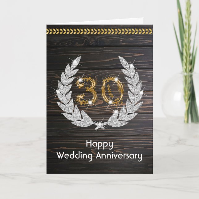 Elegant Rustic Wood 30th Wedding Anniversary  Card (Front)