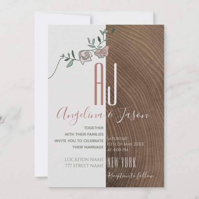 Elegant Rustic Wood and Dusty Rose Floral Wedding Invitation (Front)