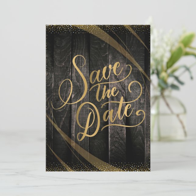 Elegant Rustic Wood Black and Shiny Wedding Invitation (Standing Front)