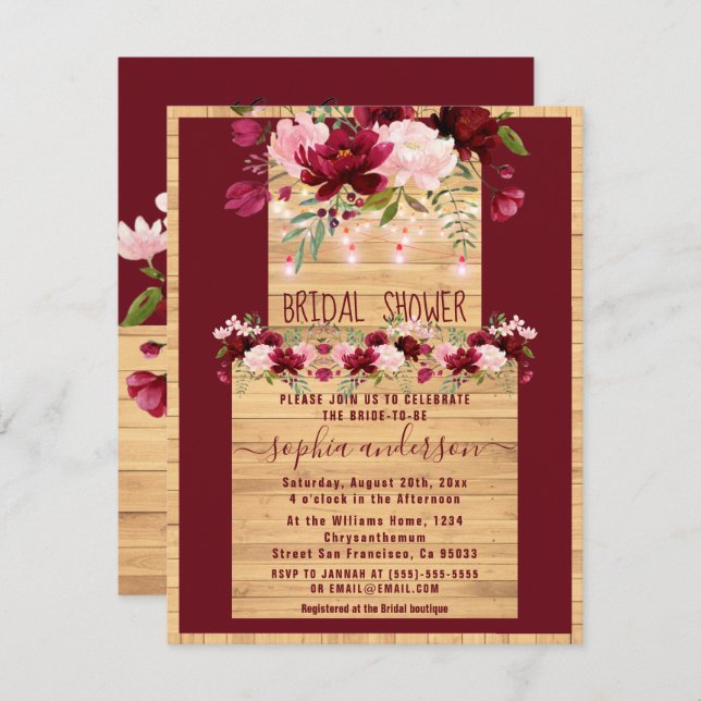 Elegant Rustic Wood & Blush Floral Bridal Shower Invitation (Front/Back)