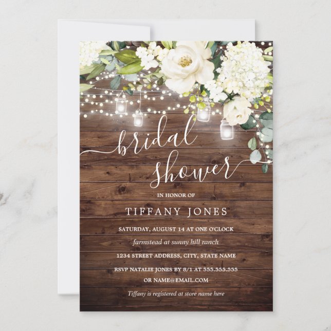 Elegant Rustic Wood Champagne Floral Bridal Shower Invitation (Front)