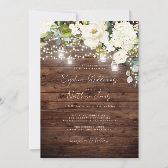 Elegant Rustic Wood Champagne Floral Wedding Invitation (Front)