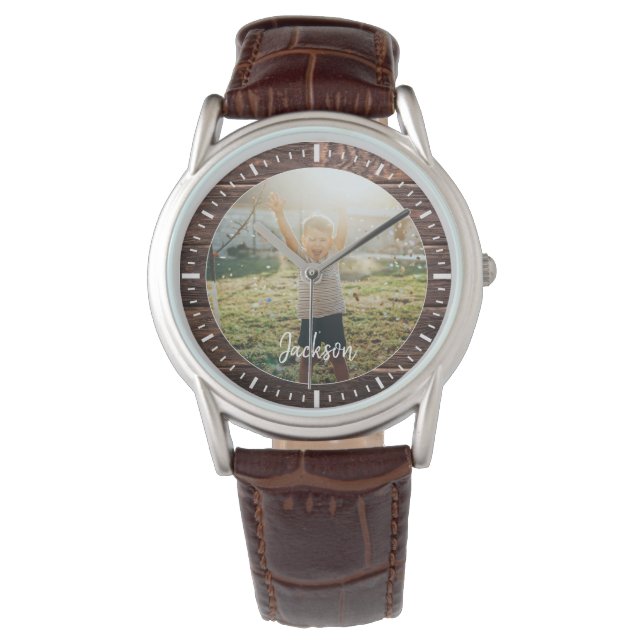 Elegant Rustic Wood Custom Name Photo Watch (Front)