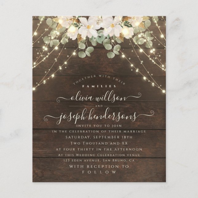 Elegant Rustic Wood Florales Lights String wedding Flyer (Front)