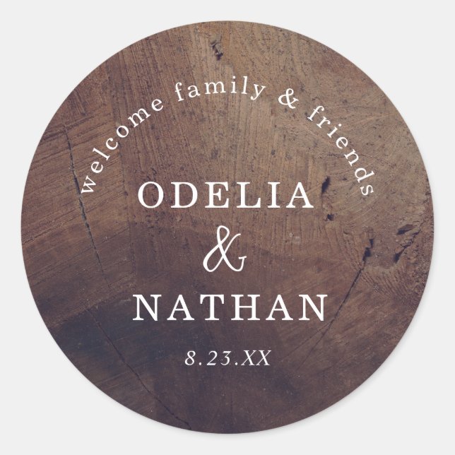 Elegant Rustic Wood Grain Texture Arched Wedding Classic Round Sticker (Front)