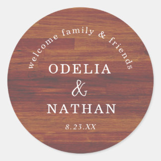 Elegant Rustic Wood Grain Texture Arched Wedding Classic Round Sticker