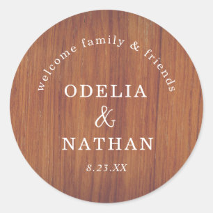Elegant Rustic Wood Grain Texture Arched Wedding Classic Round Sticker