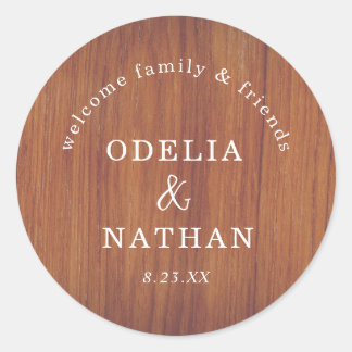 Elegant Rustic Wood Grain Texture Arched Wedding Classic Round Sticker