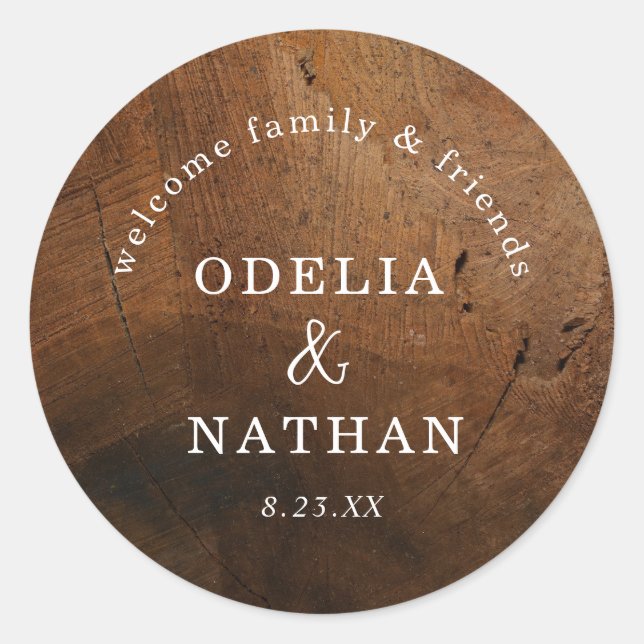Elegant Rustic Wood Grain Texture Arched Wedding Classic Round Sticker (Front)