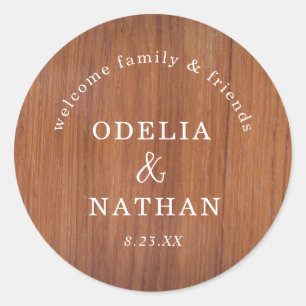 Elegant Rustic Wood Grain Texture Arched Wedding Classic Round Sticker