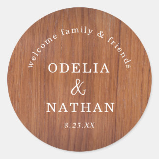 Elegant Rustic Wood Grain Texture Arched Wedding Classic Round Sticker
