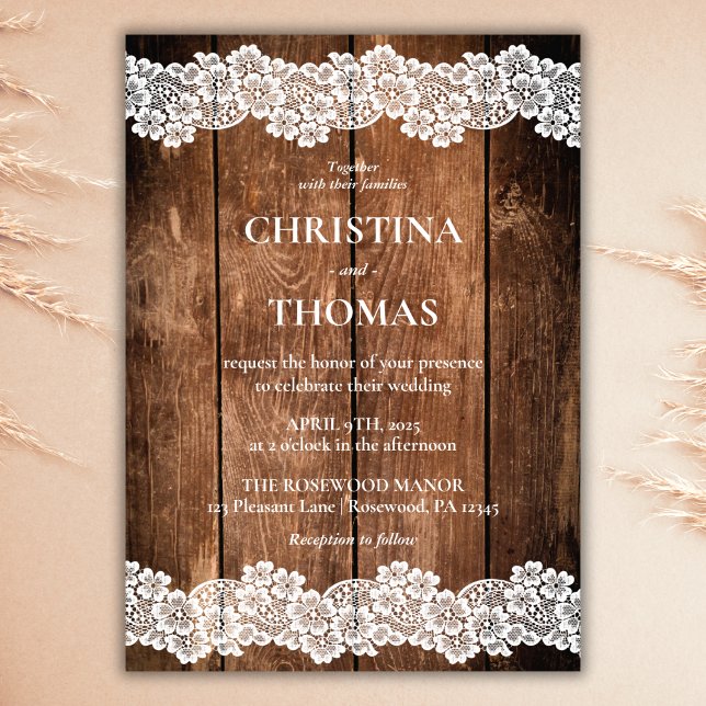 Elegant Rustic Wood Lace Wedding Invitation (Creator Uploaded)