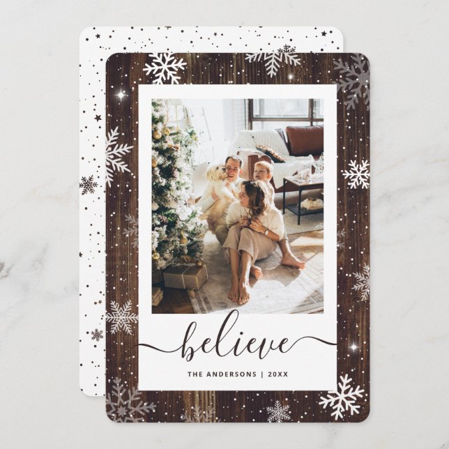 Elegant Rustic Wood Photo Snowflake Holiday Card (Front/Back)