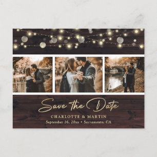 Elegant Rustic Wood Script Photo Collage Wedding Announcement Postcard