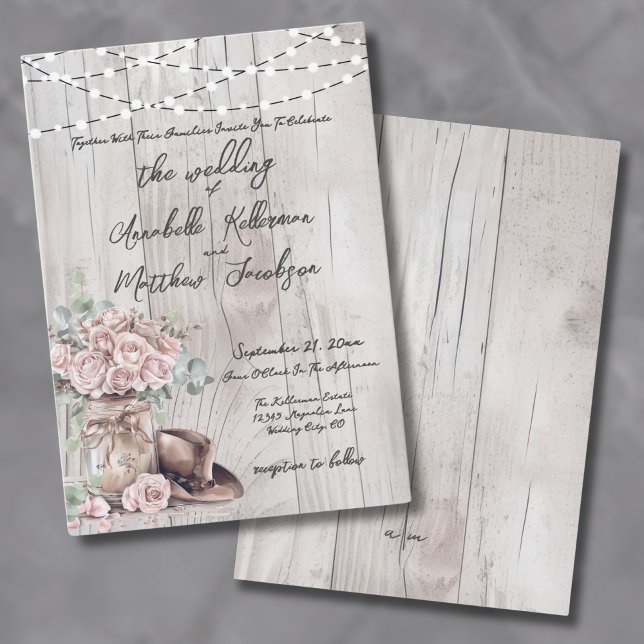 Elegant Rustic Wood String Western Country Wedding Invitation (Elegant Rustic Wood String Lights Country Wedding Invitation)