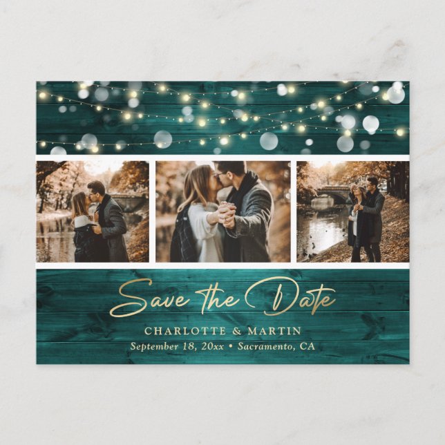 Elegant Rustic Wood Teal Gold Foil Wedding Photo Announcement Postcard (Front)