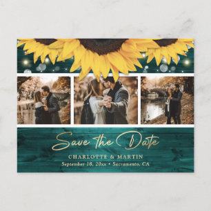 Elegant Rustic Wood Teal Sunflower Wedding Photo Announcement Postcard