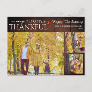 Elegant Rustic Wood thanksgiving family 3 photo Holiday Postcard