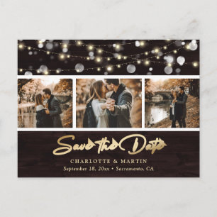 Elegant Rustic Wood Wedding 3 Photo Save The Date Announcement Postcard