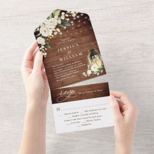 Elegant Rustic Wood White Roses Wedding All In One Invitation