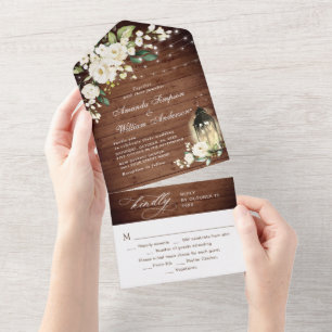 Elegant Rustic Wood White Roses Wedding All In One Invitation