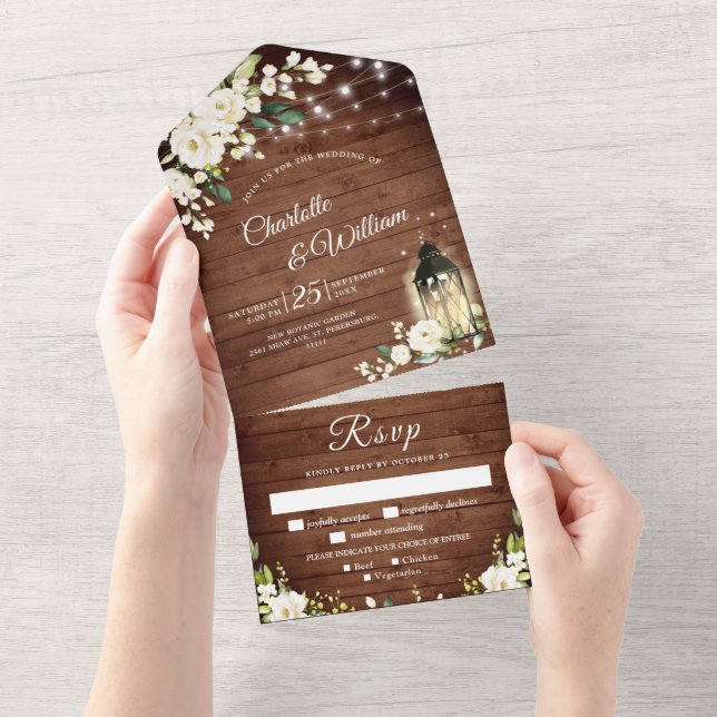 Elegant Rustic Wood White Roses Wedding All In One Invitation (Tearaway)