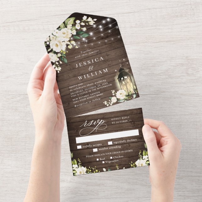 Elegant Rustic Wood White Roses Wedding All In One Invitation (Tearaway)