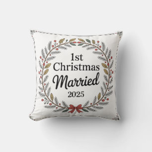 Elegant Rustic Wreath 1st Christmas Married Cushion