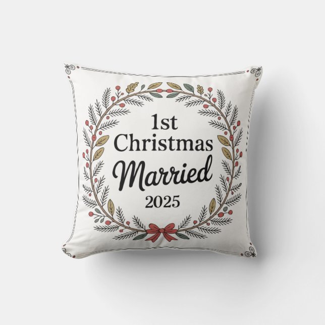  Elegant Rustic Wreath | 1st Christmas Married  Cushion (Front)
