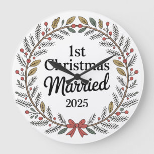 Elegant Rustic Wreath 1st Christmas Married Large Clock