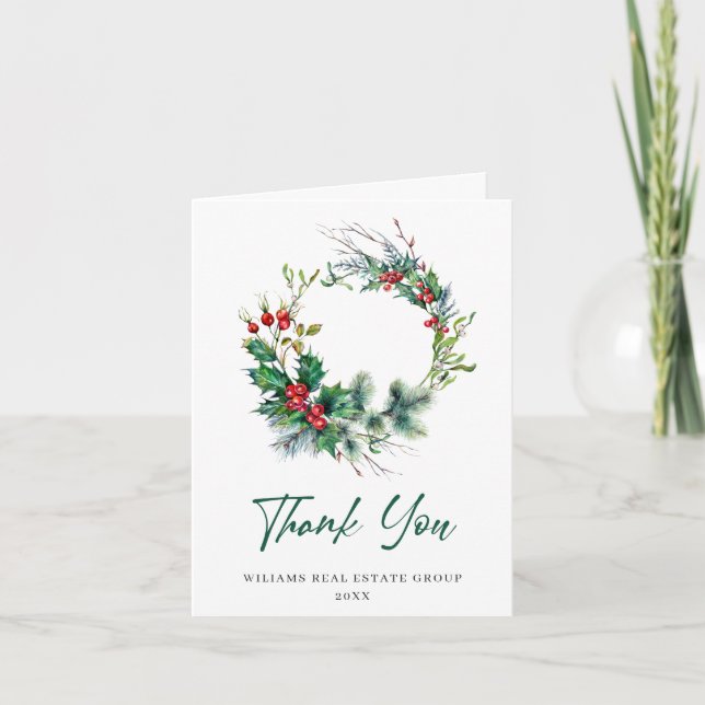 Elegant Rustic Wreath Christmas Greeting Holiday Thank You Card (Front)